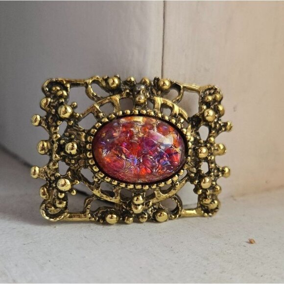 VTG Dragons breath fiery pink red Filagree glass cabochon brooch jelly belly - Picture 6 of 10